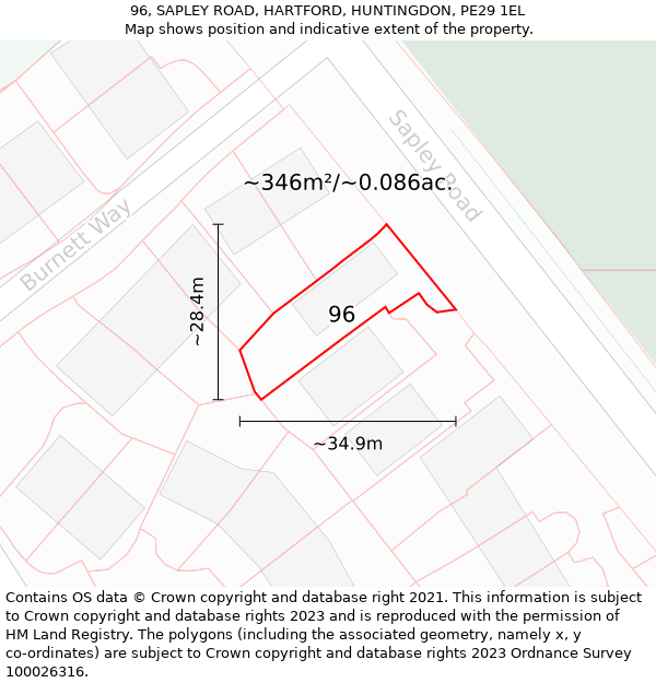 96, SAPLEY ROAD, HARTFORD, HUNTINGDON, PE29 1EL: Plot and title map