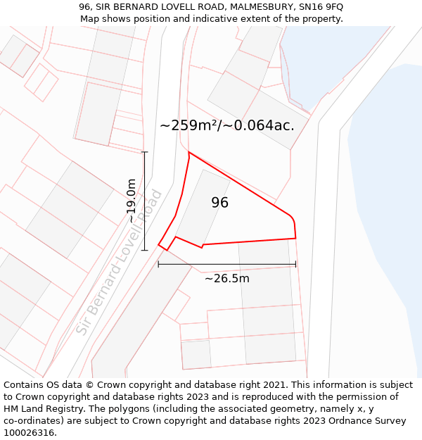 96, SIR BERNARD LOVELL ROAD, MALMESBURY, SN16 9FQ: Plot and title map