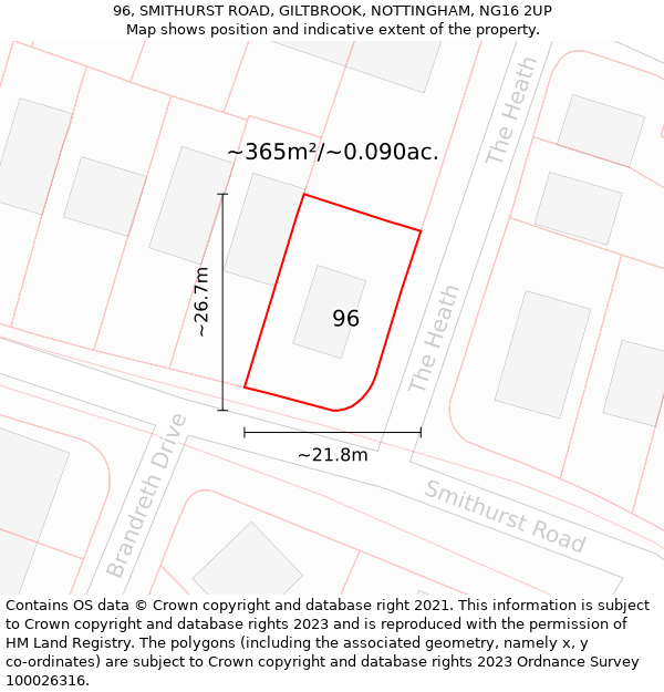 96, SMITHURST ROAD, GILTBROOK, NOTTINGHAM, NG16 2UP: Plot and title map