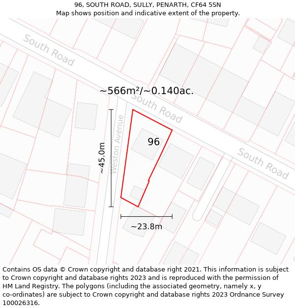 96, SOUTH ROAD, SULLY, PENARTH, CF64 5SN: Plot and title map