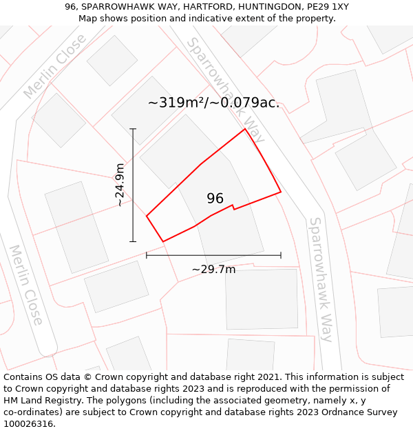 96, SPARROWHAWK WAY, HARTFORD, HUNTINGDON, PE29 1XY: Plot and title map