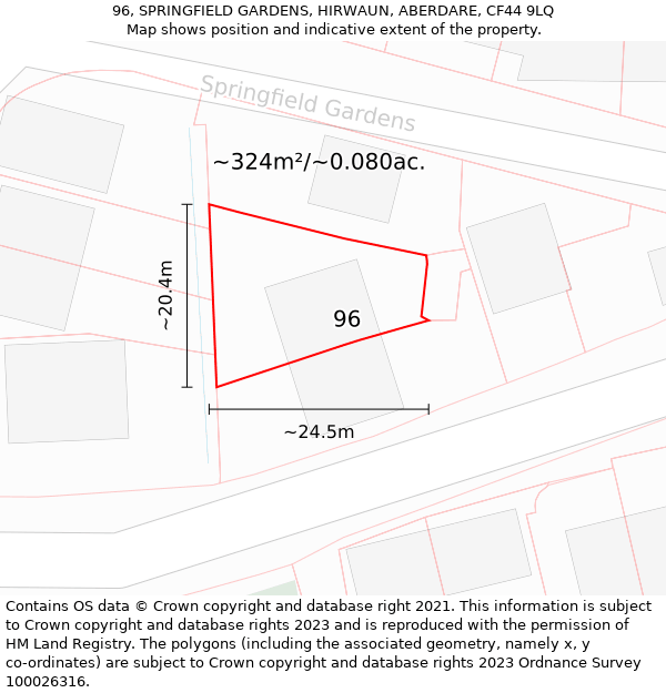 96, SPRINGFIELD GARDENS, HIRWAUN, ABERDARE, CF44 9LQ: Plot and title map