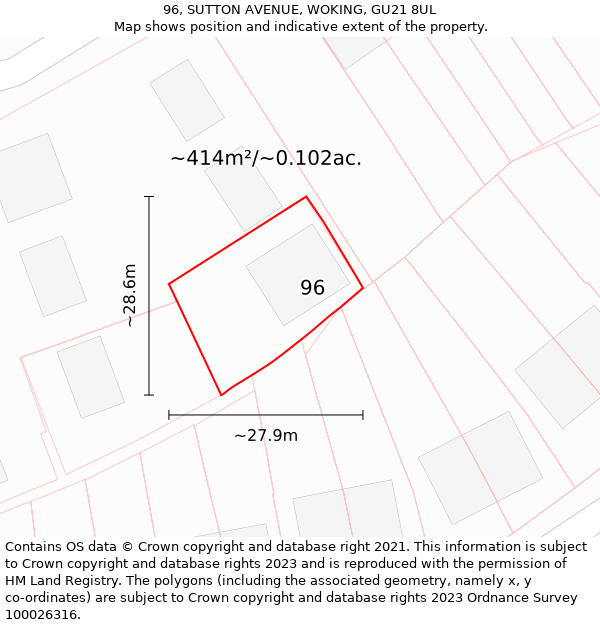 96, SUTTON AVENUE, WOKING, GU21 8UL: Plot and title map