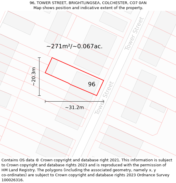 96, TOWER STREET, BRIGHTLINGSEA, COLCHESTER, CO7 0AN: Plot and title map