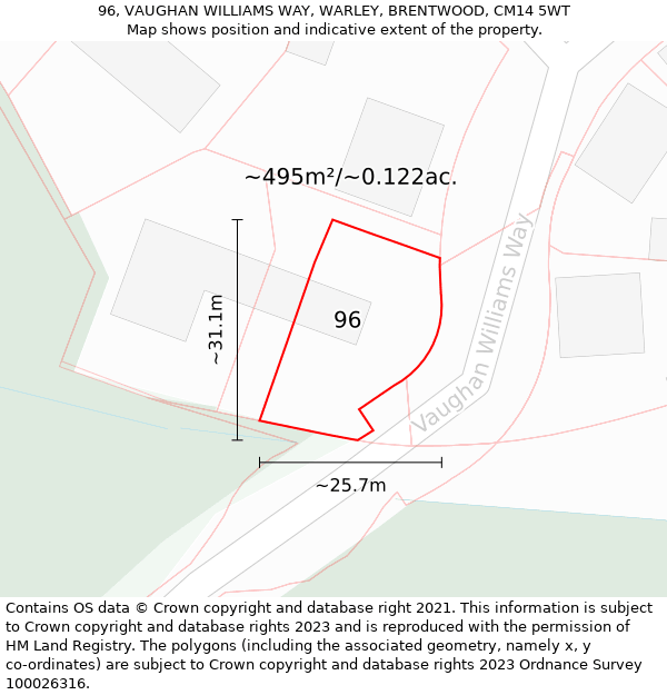 96, VAUGHAN WILLIAMS WAY, WARLEY, BRENTWOOD, CM14 5WT: Plot and title map