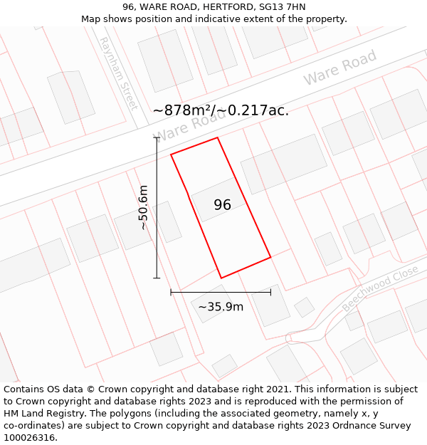 96, WARE ROAD, HERTFORD, SG13 7HN: Plot and title map