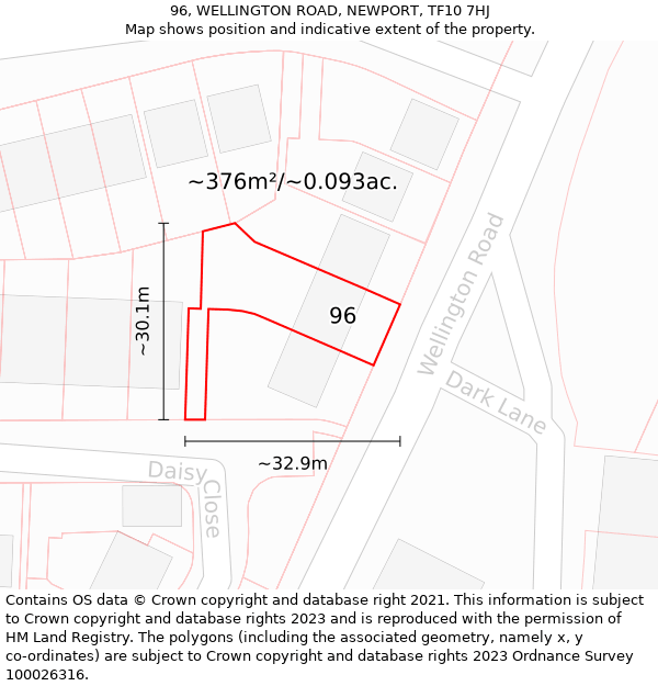 96, WELLINGTON ROAD, NEWPORT, TF10 7HJ: Plot and title map