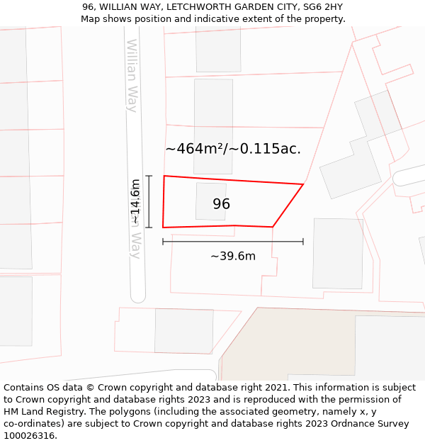 96, WILLIAN WAY, LETCHWORTH GARDEN CITY, SG6 2HY: Plot and title map