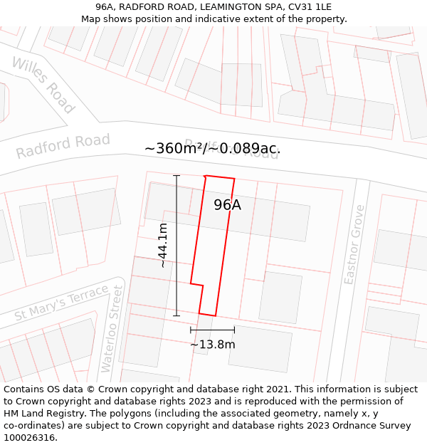 96A, RADFORD ROAD, LEAMINGTON SPA, CV31 1LE: Plot and title map