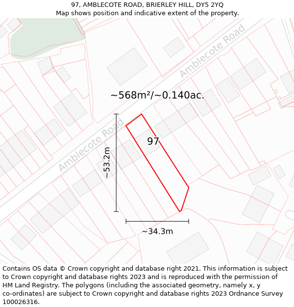 97, AMBLECOTE ROAD, BRIERLEY HILL, DY5 2YQ: Plot and title map