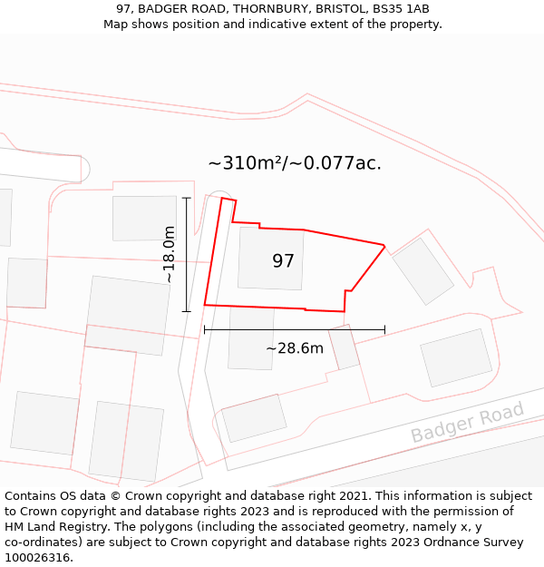 97, BADGER ROAD, THORNBURY, BRISTOL, BS35 1AB: Plot and title map