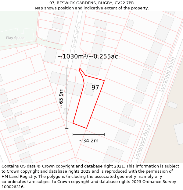 97, BESWICK GARDENS, RUGBY, CV22 7PR: Plot and title map