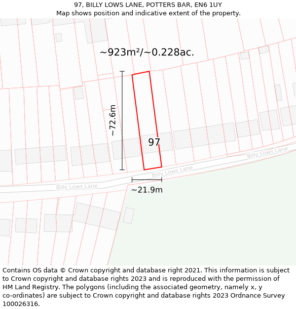 97, BILLY LOWS LANE, POTTERS BAR, EN6 1UY: Plot and title map