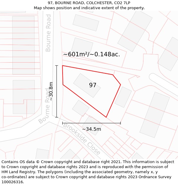 97, BOURNE ROAD, COLCHESTER, CO2 7LP: Plot and title map