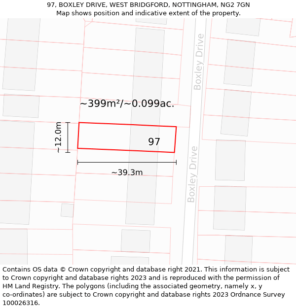 97, BOXLEY DRIVE, WEST BRIDGFORD, NOTTINGHAM, NG2 7GN: Plot and title map