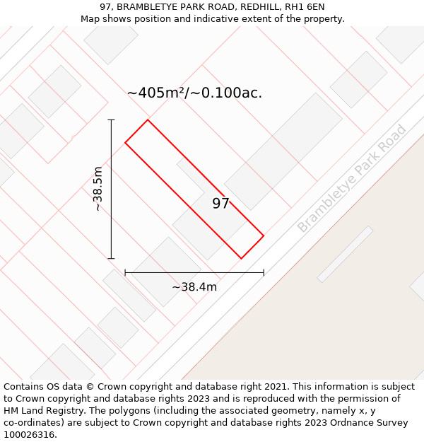 97, BRAMBLETYE PARK ROAD, REDHILL, RH1 6EN: Plot and title map