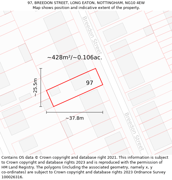 97, BREEDON STREET, LONG EATON, NOTTINGHAM, NG10 4EW: Plot and title map