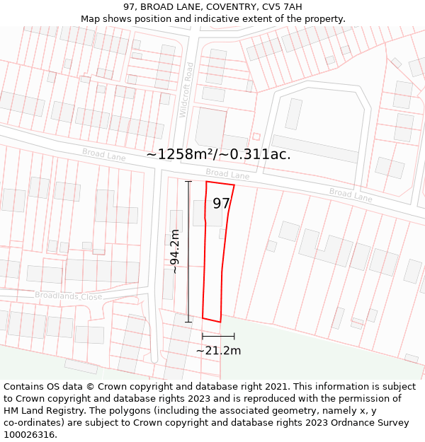 97, BROAD LANE, COVENTRY, CV5 7AH: Plot and title map