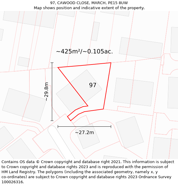 97, CAWOOD CLOSE, MARCH, PE15 8UW: Plot and title map
