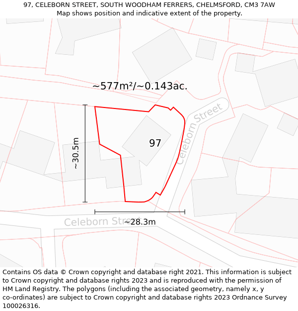 97, CELEBORN STREET, SOUTH WOODHAM FERRERS, CHELMSFORD, CM3 7AW: Plot and title map