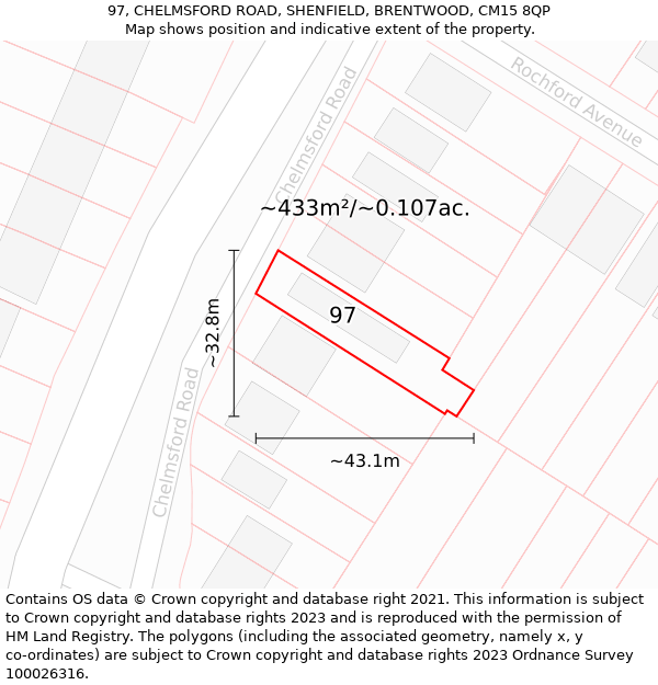 97, CHELMSFORD ROAD, SHENFIELD, BRENTWOOD, CM15 8QP: Plot and title map