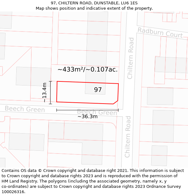 97, CHILTERN ROAD, DUNSTABLE, LU6 1ES: Plot and title map