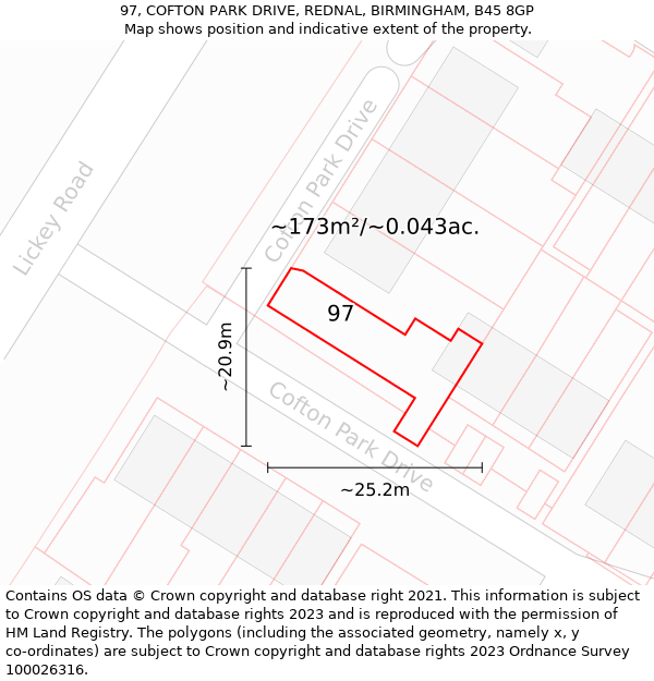 97, COFTON PARK DRIVE, REDNAL, BIRMINGHAM, B45 8GP: Plot and title map