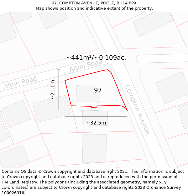97, COMPTON AVENUE, POOLE, BH14 8PX: Plot and title map