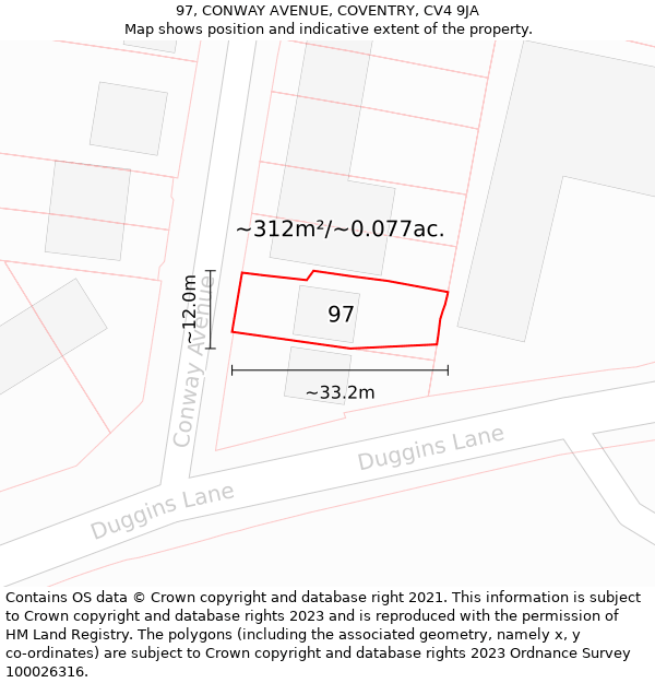 97, CONWAY AVENUE, COVENTRY, CV4 9JA: Plot and title map