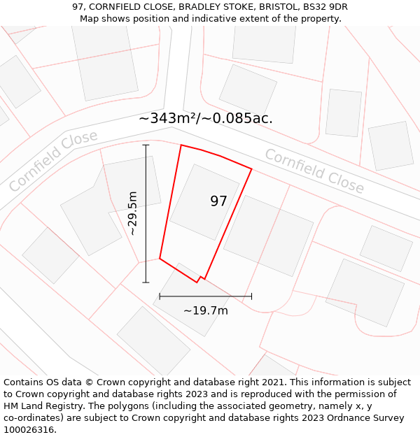 97, CORNFIELD CLOSE, BRADLEY STOKE, BRISTOL, BS32 9DR: Plot and title map