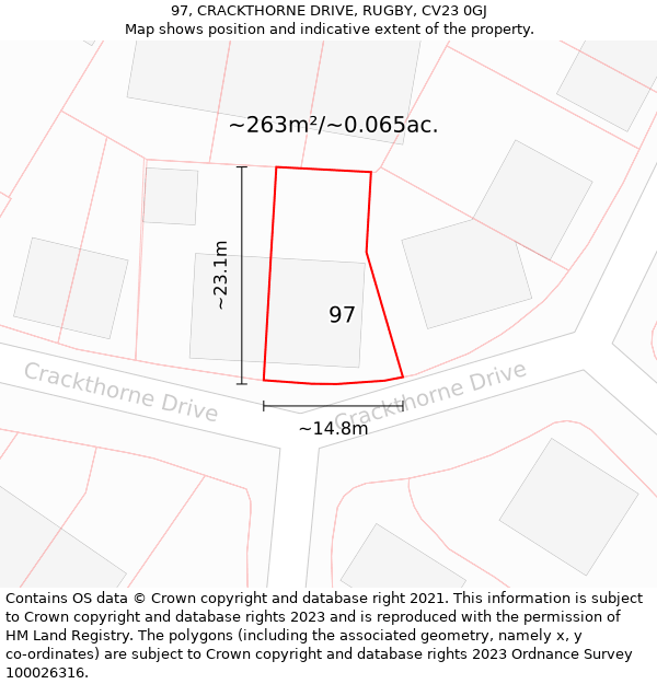 97, CRACKTHORNE DRIVE, RUGBY, CV23 0GJ: Plot and title map