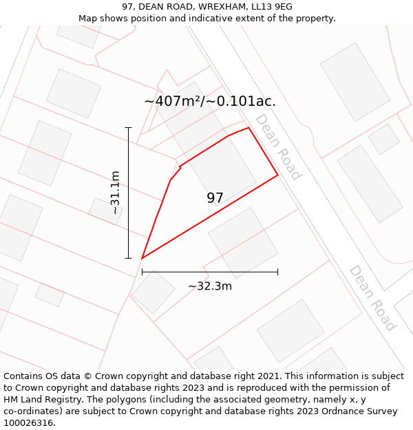 97, DEAN ROAD, WREXHAM, LL13 9EG: Plot and title map