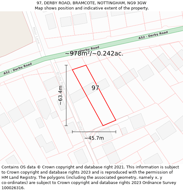 97, DERBY ROAD, BRAMCOTE, NOTTINGHAM, NG9 3GW: Plot and title map