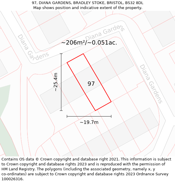 97, DIANA GARDENS, BRADLEY STOKE, BRISTOL, BS32 8DL: Plot and title map