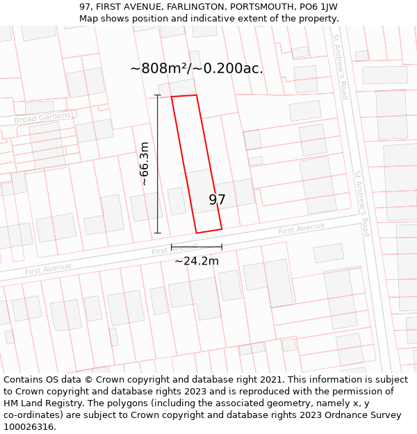97, FIRST AVENUE, FARLINGTON, PORTSMOUTH, PO6 1JW: Plot and title map