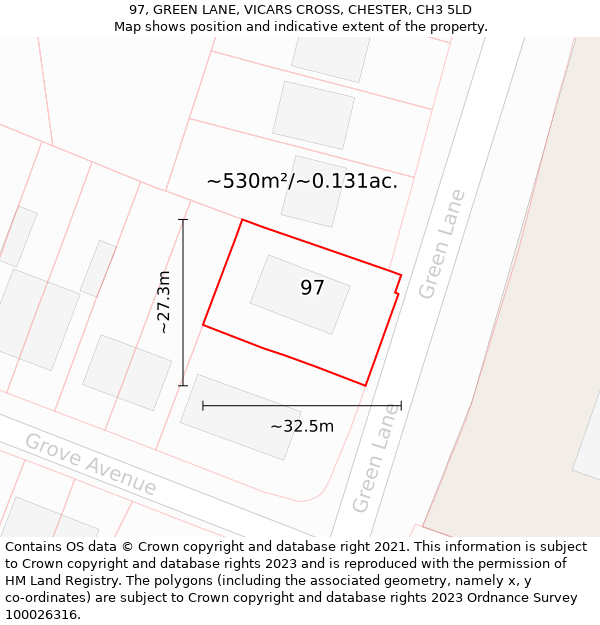 97, GREEN LANE, VICARS CROSS, CHESTER, CH3 5LD: Plot and title map