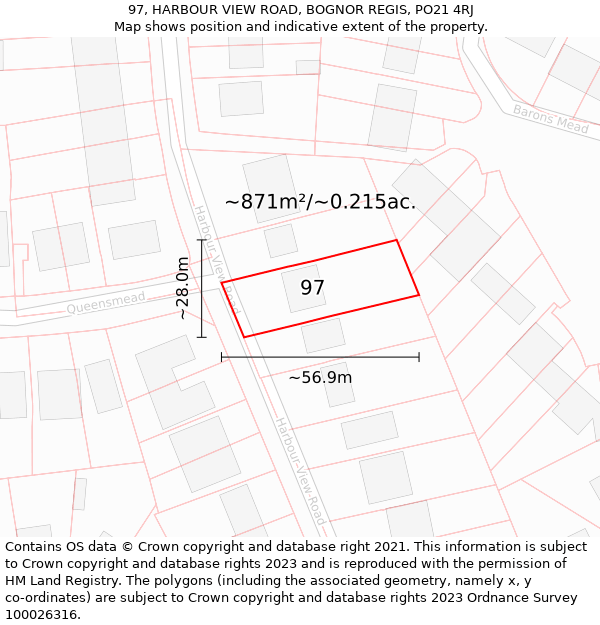 97, HARBOUR VIEW ROAD, BOGNOR REGIS, PO21 4RJ: Plot and title map