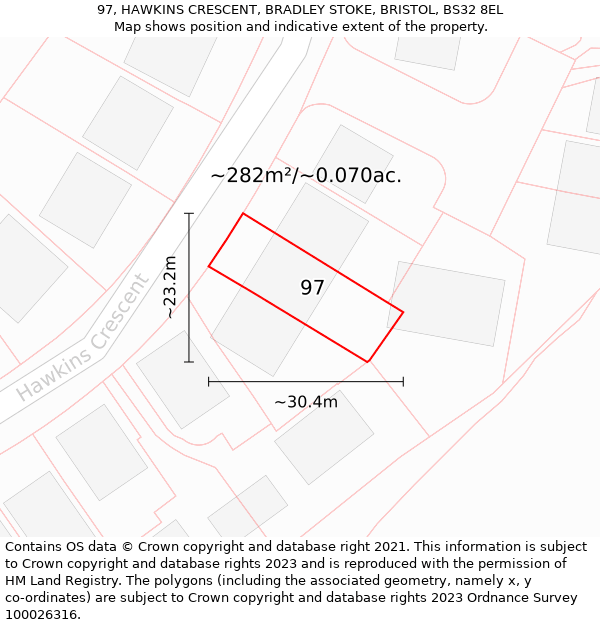 97, HAWKINS CRESCENT, BRADLEY STOKE, BRISTOL, BS32 8EL: Plot and title map