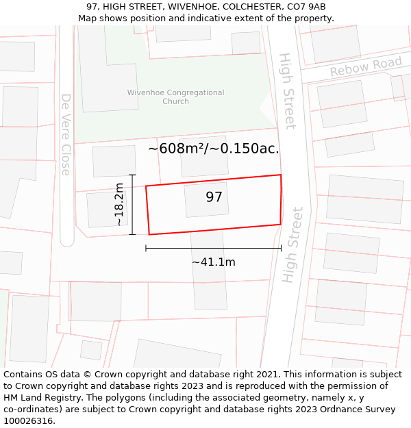 97, HIGH STREET, WIVENHOE, COLCHESTER, CO7 9AB: Plot and title map