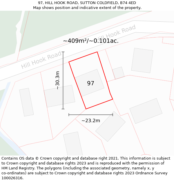 97, HILL HOOK ROAD, SUTTON COLDFIELD, B74 4ED: Plot and title map