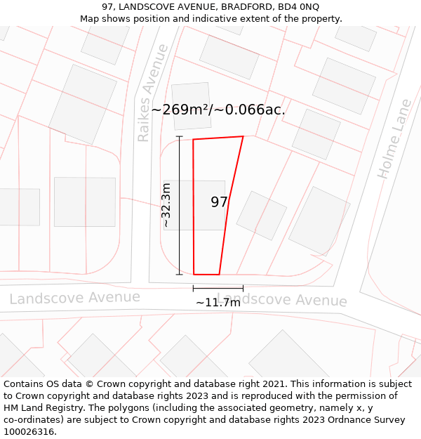 97, LANDSCOVE AVENUE, BRADFORD, BD4 0NQ: Plot and title map