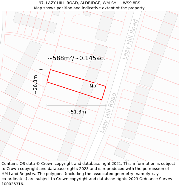 97, LAZY HILL ROAD, ALDRIDGE, WALSALL, WS9 8RS: Plot and title map