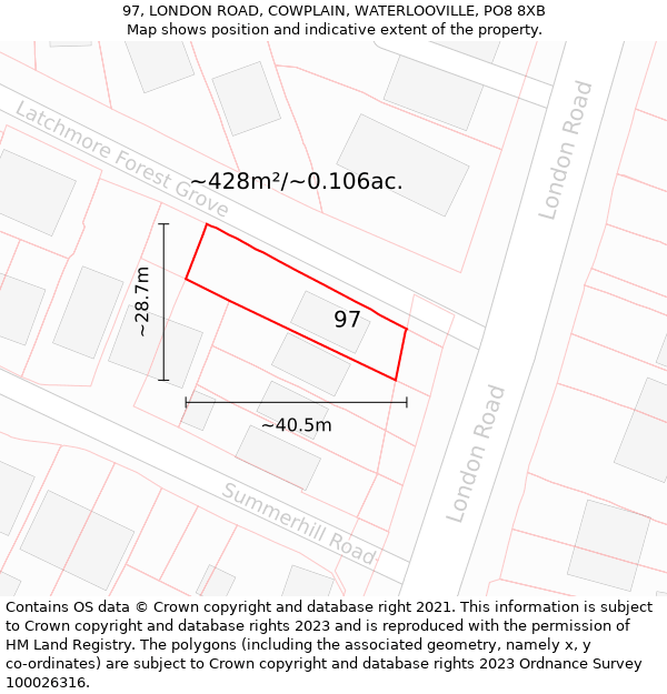 97, LONDON ROAD, COWPLAIN, WATERLOOVILLE, PO8 8XB: Plot and title map