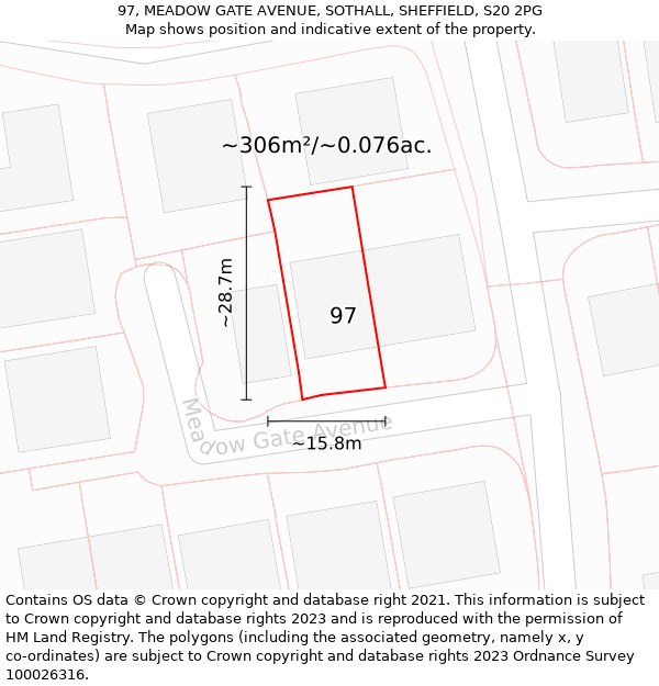 97, MEADOW GATE AVENUE, SOTHALL, SHEFFIELD, S20 2PG: Plot and title map