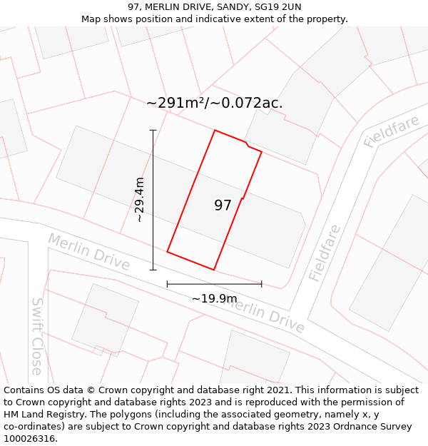 97, MERLIN DRIVE, SANDY, SG19 2UN: Plot and title map