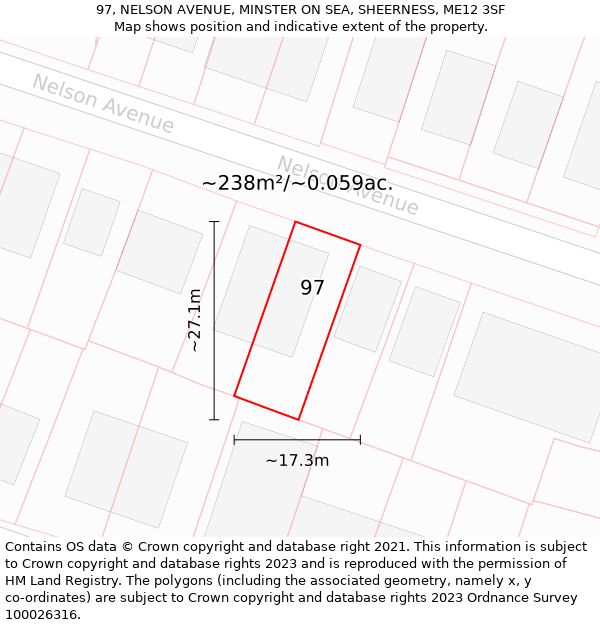 97, NELSON AVENUE, MINSTER ON SEA, SHEERNESS, ME12 3SF: Plot and title map