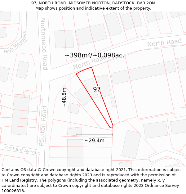 97, NORTH ROAD, MIDSOMER NORTON, RADSTOCK, BA3 2QN: Plot and title map