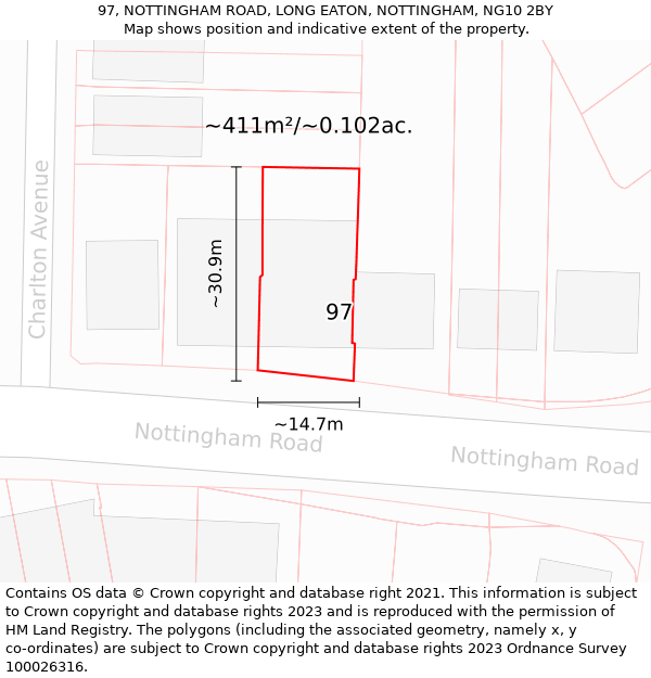 97, NOTTINGHAM ROAD, LONG EATON, NOTTINGHAM, NG10 2BY: Plot and title map