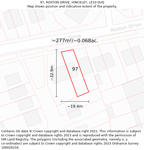 97, ROSTON DRIVE, HINCKLEY, LE10 0UQ: Plot and title map