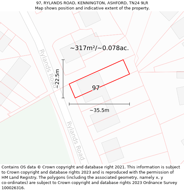 97, RYLANDS ROAD, KENNINGTON, ASHFORD, TN24 9LR: Plot and title map